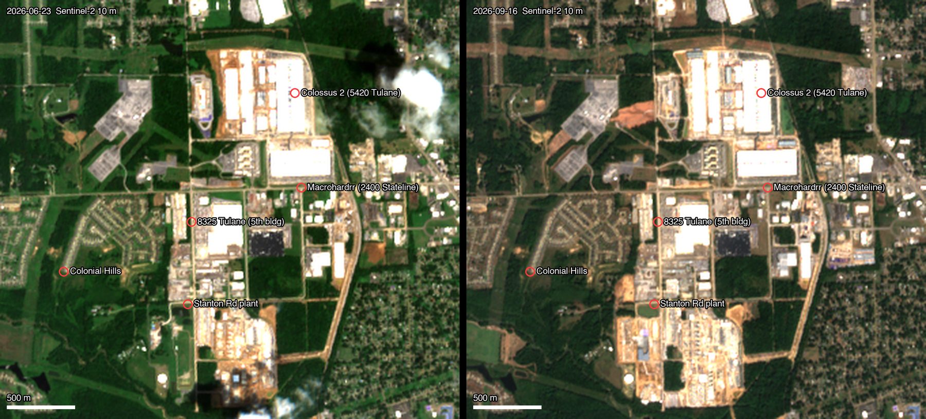 Southaven 和 Whitehaven 走廊，2026-06-23 与 2026-09-16 的 Sentinel-2 影像对比，标出五个站点